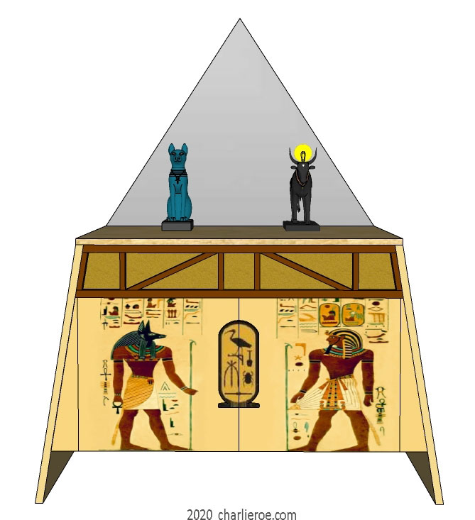 new ancient Egyptian Revival style painted 2 door sideboard drinks cabinet with sloping sides, a pyramid mirror & decorative Egyptian designs