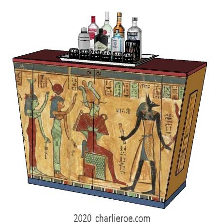 new ancient Egyptian Revival style painted 2 door sideboard drinks cabinet with sloping sides & decorative Egyptian designs