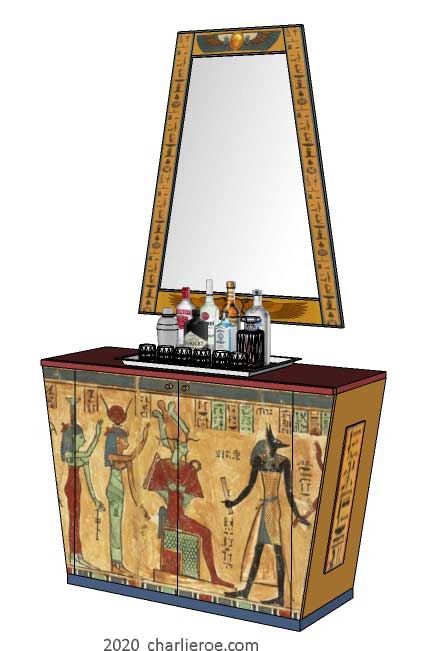 new ancient Egyptian Revival style painted 2 door sideboard drinks cabinet with sloping sides & decorative Egyptian designs & Pylon shaped wall mirror