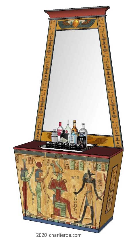 new ancient Egyptian Revival style painted 2 door sideboard drinks cabinet with sloping sides & decorative Egyptian designs & Pylon shaped wall mirror