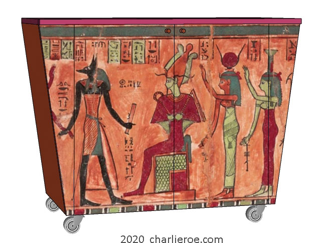 new ancient Egyptian Revival style painted 2 door sideboard drinks cabinet with sloping sides & decorative Egyptian designs on castors