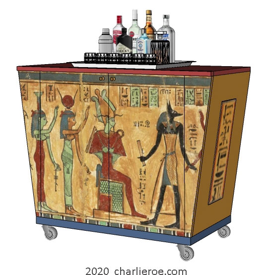 new ancient Egyptian Revival style painted 2 door sideboard drinks cabinet with sloping sides & decorative Egyptian designs & on castors