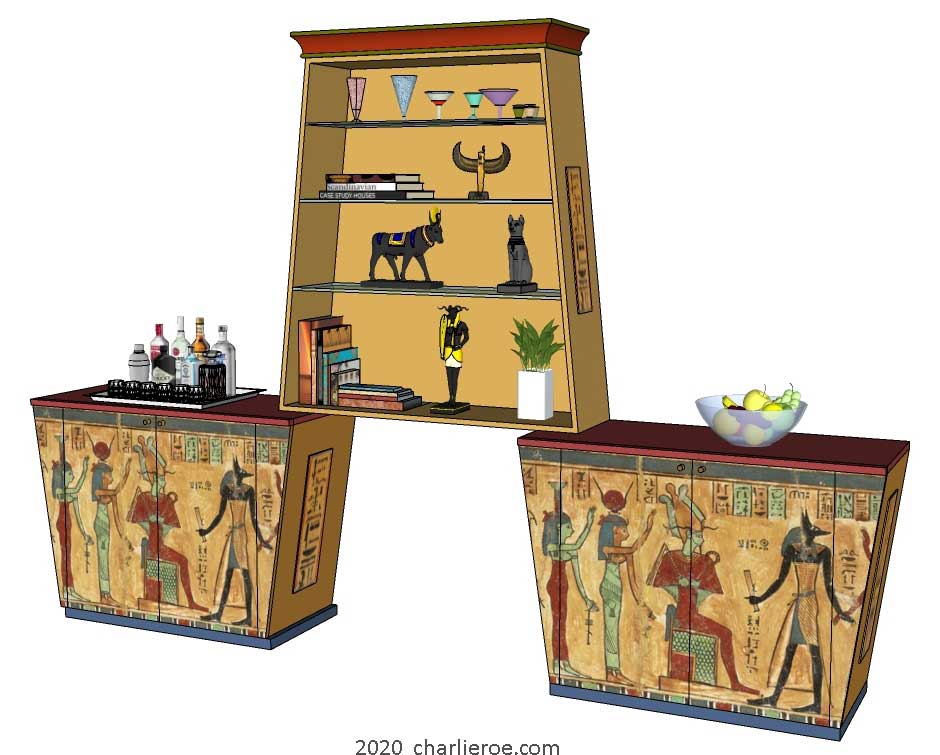 new ancient Egyptian Revival style painted 2 double sideboards with Pylon shaped bookshelf display shelf unit with sloping sides & decorative Egyptian designs