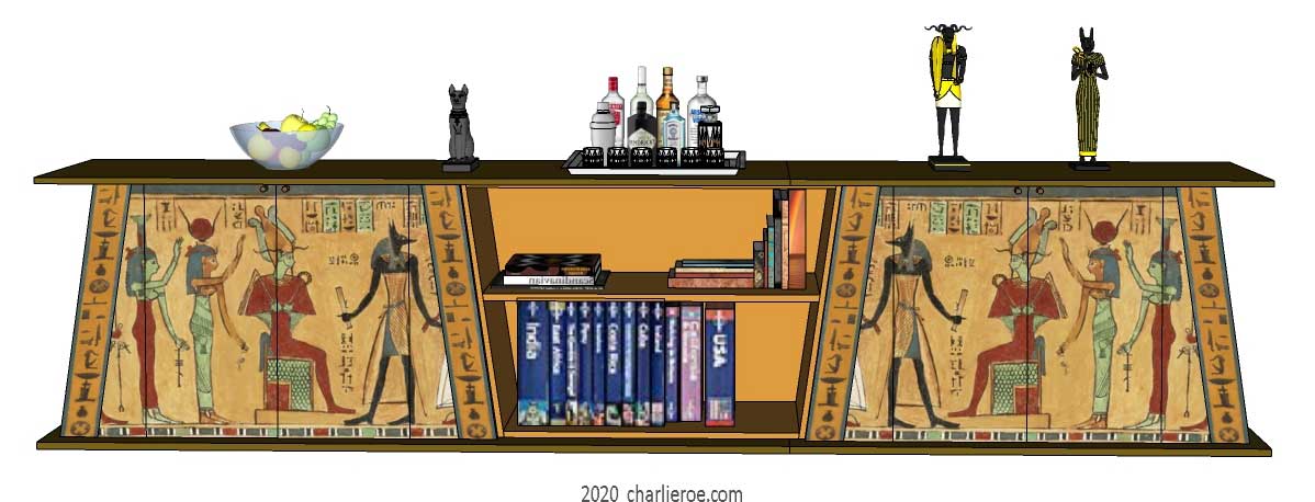 new long ancient Egyptian Revival style painted 2 double sideboards with bookshelf display shelf unit & decorative Egyptian designs