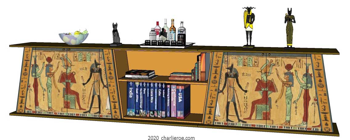 new ancient Egyptian Revival style painted 2 double sideboards with bookshelf display shelf unit & decorative Egyptian designs