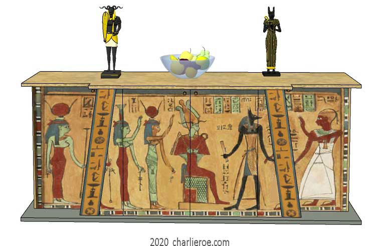 new ancient Egyptian Revival style painted 4 door sideboard with Pylon shaped sloping sides & decorative Egyptian designs