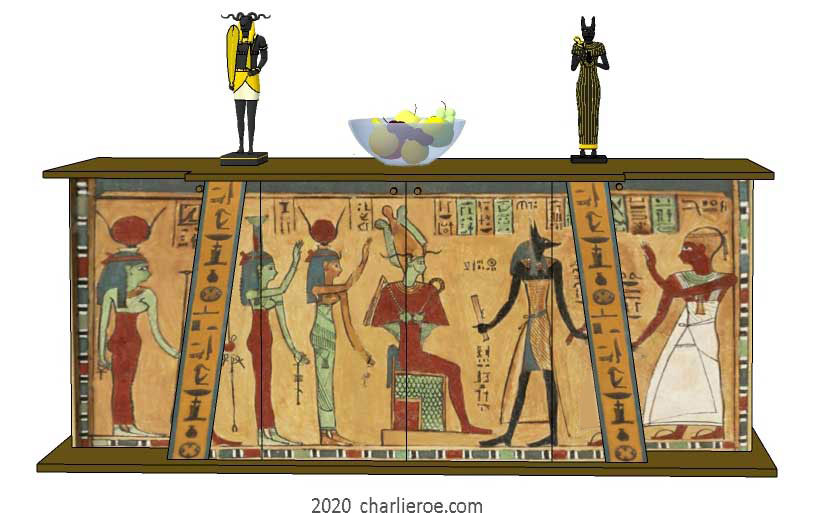 new ancient Egyptian Revival style painted 4 door sideboard with Pylon shaped sloping sides & decorative Egyptian designs