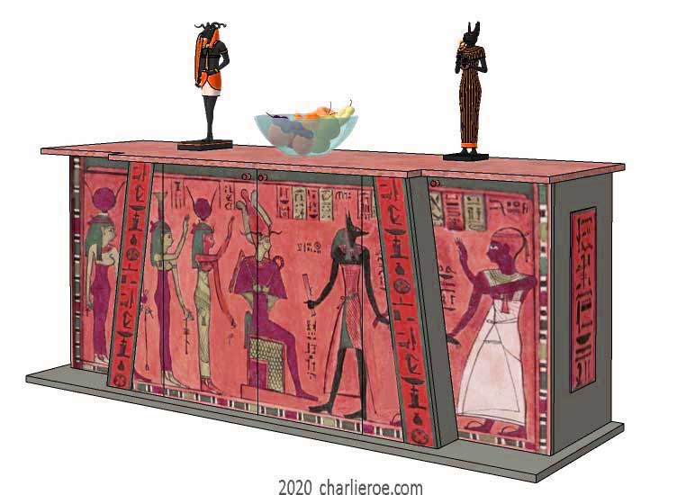 new ancient Egyptian Revival style painted 4 door sideboard with Pylon shaped sloping sides & decorative Egyptian designs