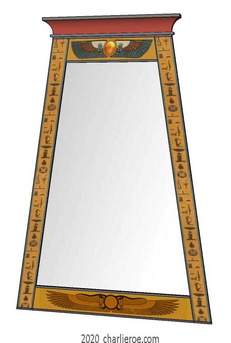 new ancient Egyptian Revival style Pylon shaped painted wall mirror frame with decorative Egyptian designs