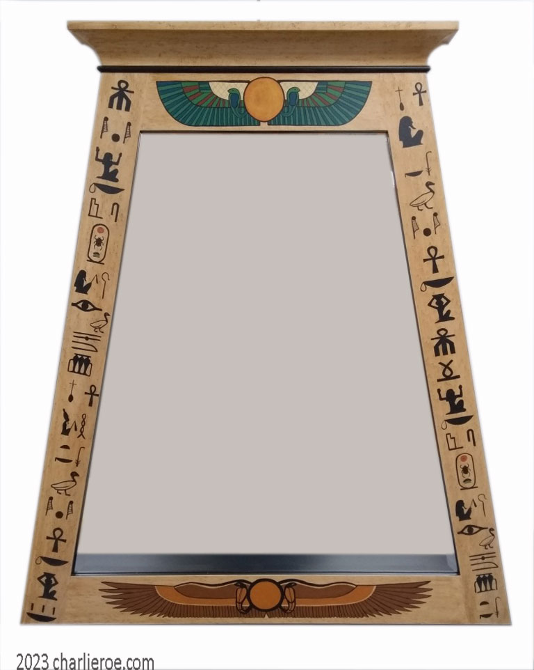new ancient Egyptian Revival style Pylon shaped painted console wall mirror frame with decorative Egyptian designs & heiroglyphs