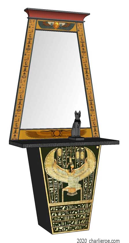 new ancient Egyptian Revival style Pylon shaped painted console table cabinet with matching Pylon shape wall mirror with decorative Egyptian designs