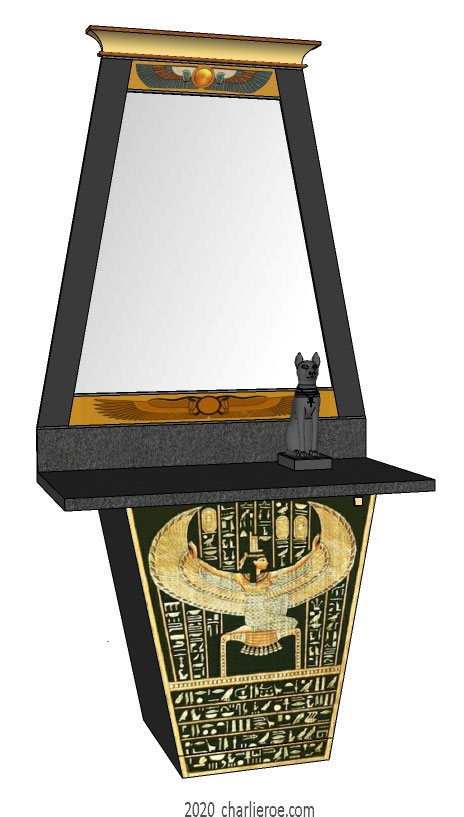 new ancient Egyptian Revival style Pylon shaped painted console table cabinet with matching Pylon shape wall mirror with decorative Egyptian designs