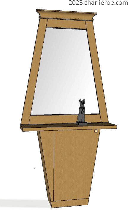 new ancient Egyptian Revival style Pylon shaped painted console table cabinet with Pylon shaped wall mirror in a wood finish