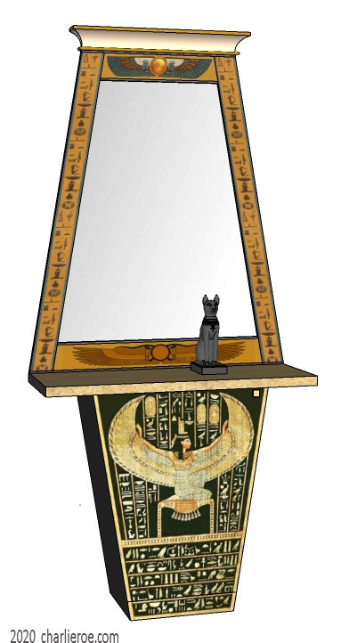new ancient Egyptian Revival style Pylon shaped painted console table cabinet with decorative Egyptian designs