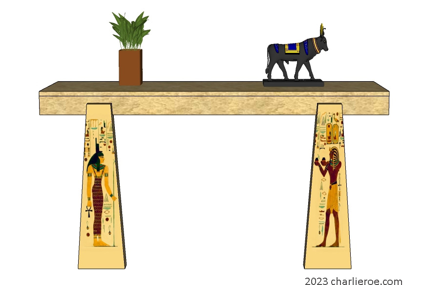 new ancient Egyptian Revival style painted console table cabinet with  Pylon shaped legs & decorative Egyptian designs