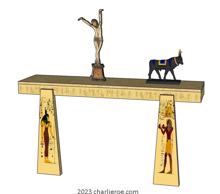 new ancient Egyptian Revival style painted console table cabinet with  Pylon shaped legs & decorative Egyptian designs