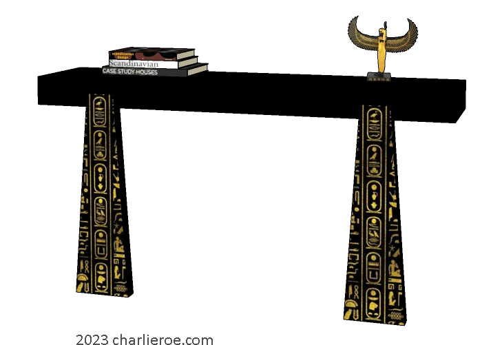 new ancient Egyptian Revival style painted console table cabinet with  Pylon shaped legs & decorative Egyptian designs