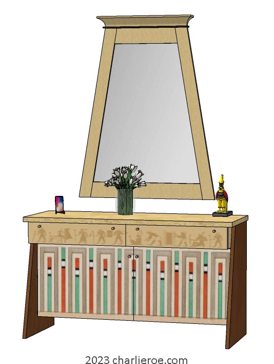new ancient Egyptian Revival style painted 2 door console table cabinet with decorative Egyptian designs and matching wall mirror