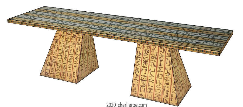 new ancient Egyptian Revival style painted double pylon metal base large dining tables with ornate Egyptian heiroglyphics on top & base