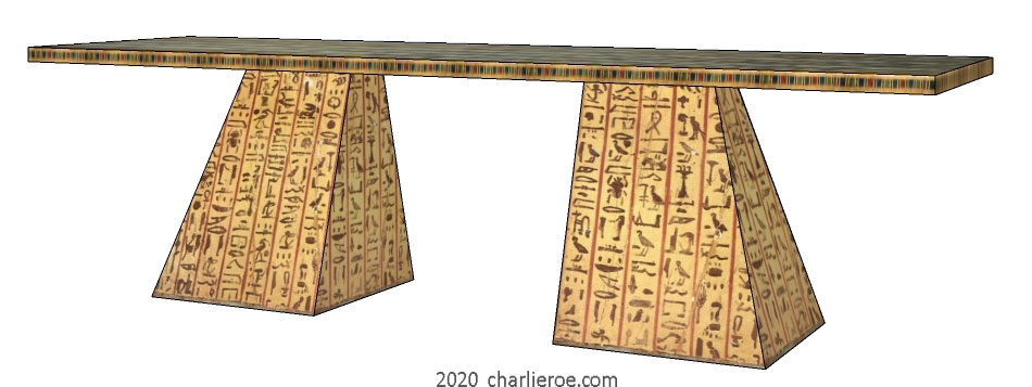new ancient Egyptian Revival style painted double pylon metal base large dining tables with ornate Egyptian heiroglyphics on top & base
