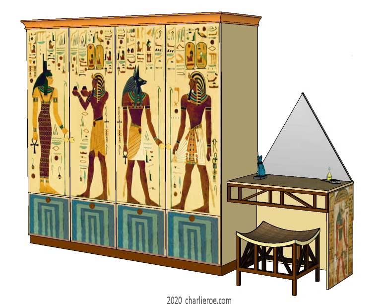 new ancient Egyptian Revival style wardrobes & console table desk with decorative egyptian painting & pyramid shaped mirror
