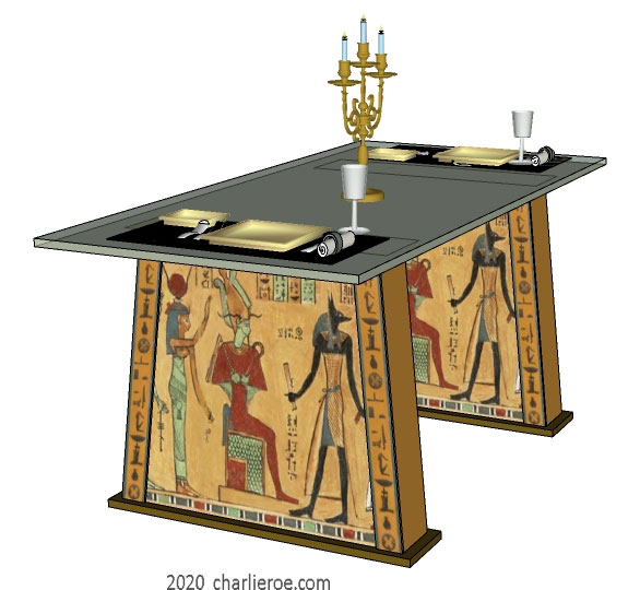 new ancient Egyptian Revival style dining table with glass top & sloping painted base supports & ornate Egyptian style designs