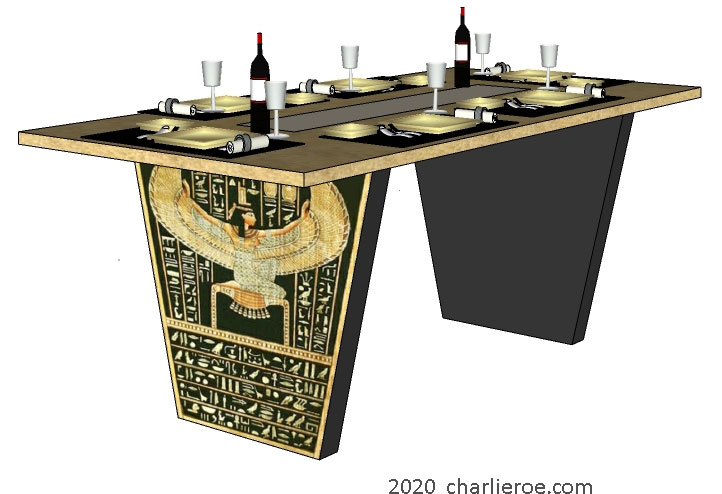 new ancient Egyptian Revival style dining table with Pylon shaped painted base supports & ornate Egyptian style designs