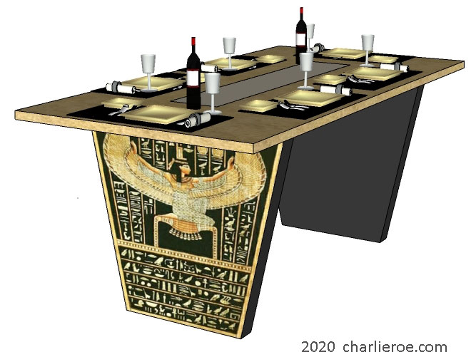 new ancient Egyptian Revival style dining table with Pylon shaped painted base supports & ornate Egyptian style designs