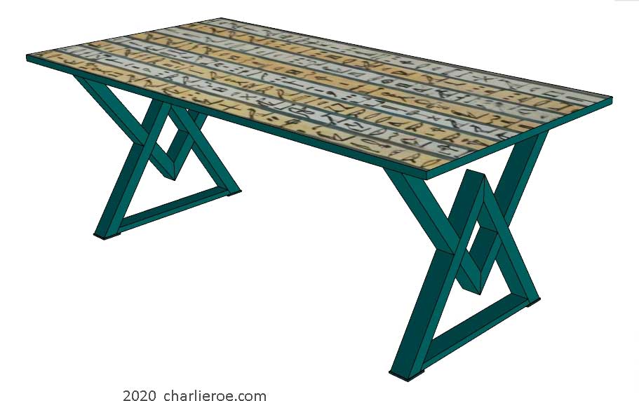 new ancient Egyptian Revival style dining table with painted steel Pyramid shaped bases & ornate Egyptian style designs