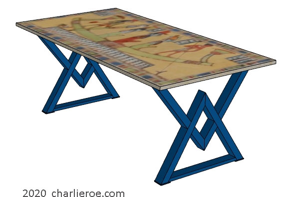 new ancient Egyptian Revival style dining table with painted steel Pyramid shaped bases & ornate Egyptian style designs
