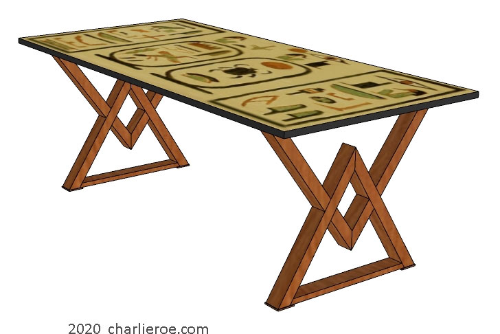 new ancient Egyptian Revival style dining table with painted steel Pyramid shaped bases & ornate Egyptian style designs