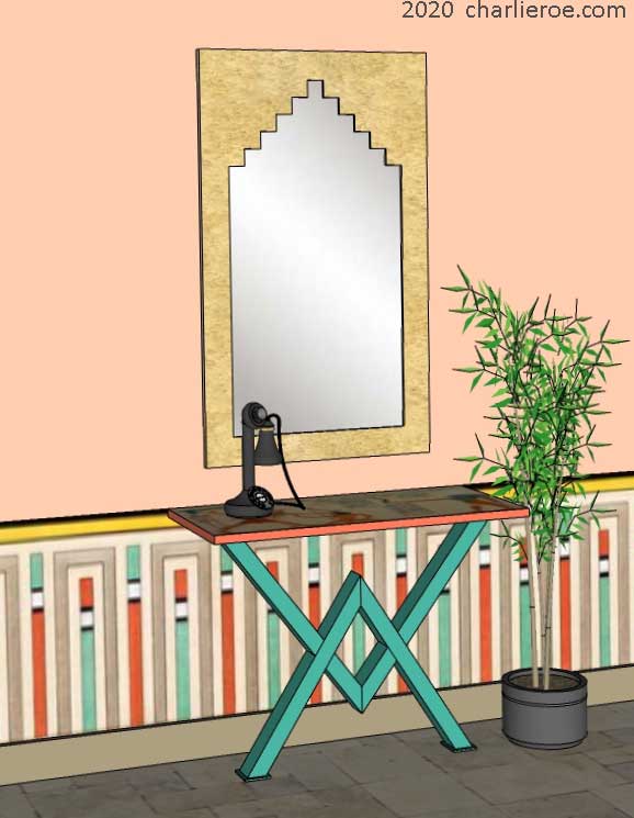 new ancient Egyptian Revival style console side table with painted steel Pyramid shaped bases & ornate Egyptian style designs and matching style wall mirror