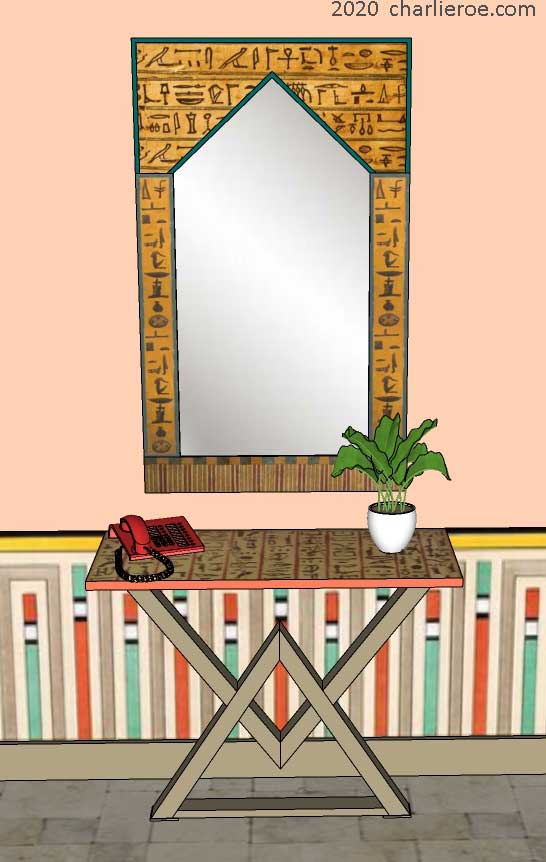new ancient Egyptian Revival style console side table with painted steel Pyramid shaped bases & ornate Egyptian style designs and matching style wall mirror