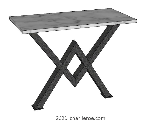 new ancient Egyptian Revival style console side table with painted steel Pyramid shaped bases & Carrera marble top