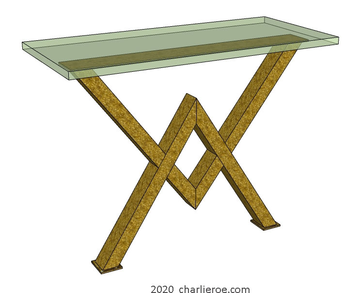 new ancient Egyptian Revival style console side table with painted steel Pyramid shaped bases & a glass top