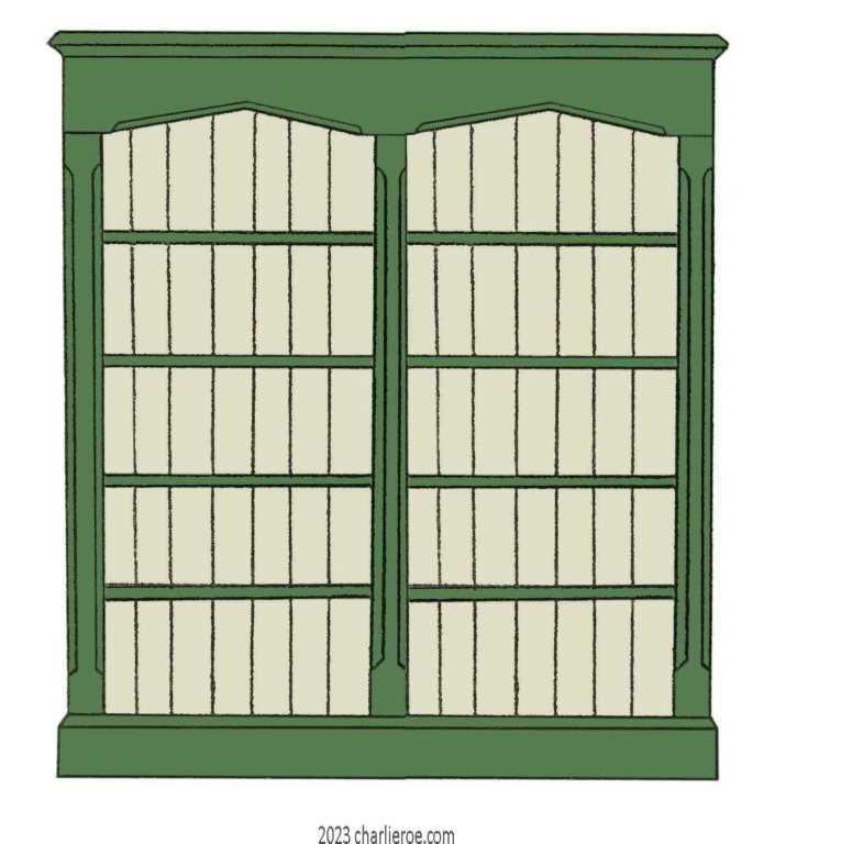 new Reformed Gothic Revival style wood & painted double 2 bay bookcase