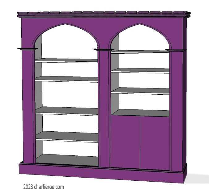 new Gothic Gotik Gothique style painted double 2 bay bookcase with 2 door cupboard