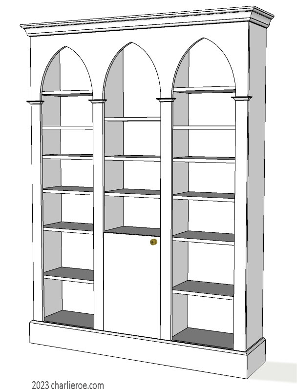 new Gothic Gotik Gothique style painted triple 3 bay bookcase with lancet arches & a cupboard painted white