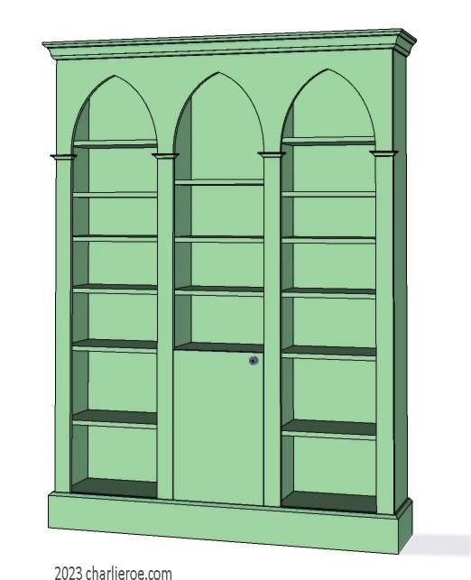 new Gothic Gotik Gothique style painted triple 3 bay bookcase with lancet arches & a cupboard painted light green