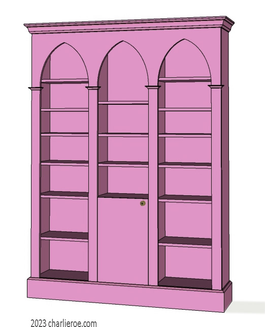 new Gothic Gotik Gothique style painted triple 3 bay bookcase with lancet arches & a cupboard painted pink