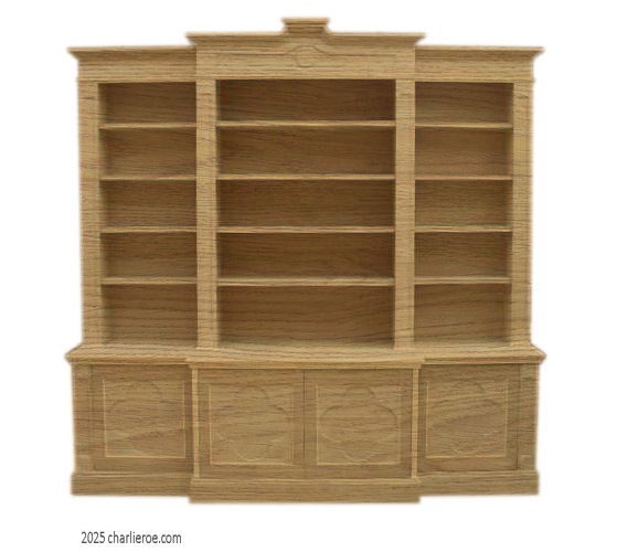 new Gothic Gotik Gothique style oak 3 bay breakfront bookcase with quatrefoil door panels