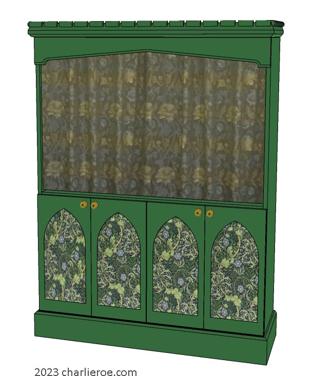new Gothic Gotik Gothique style painted bookcase dresser with lancet arch door panels with decorative Gothic patterns