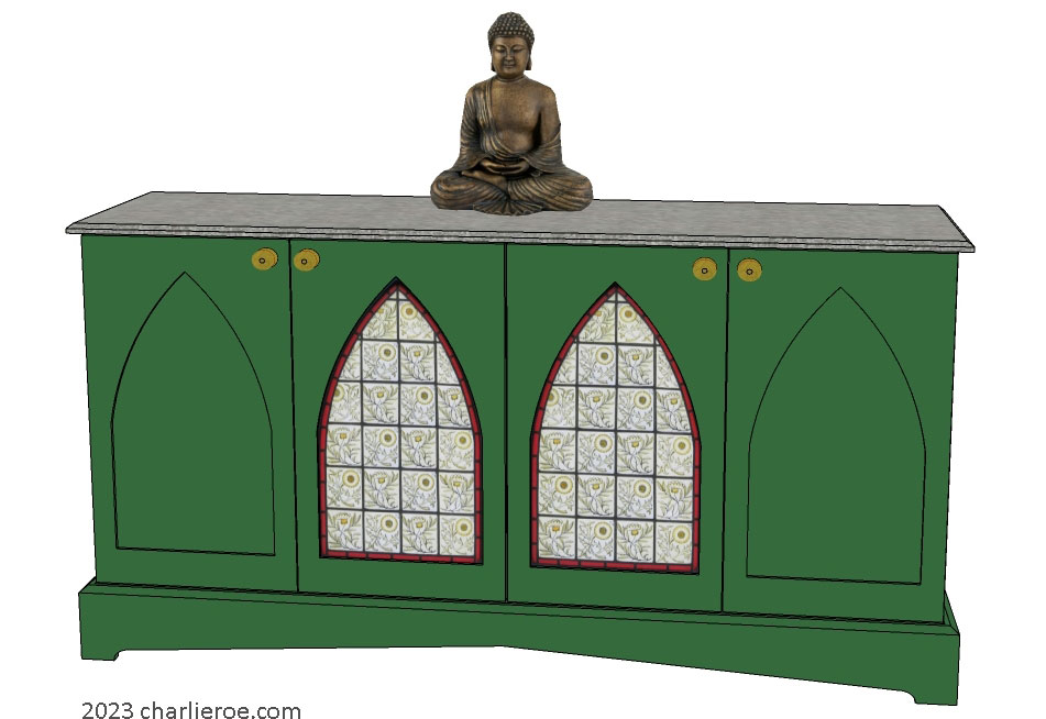 new Gothic Gotik Gothique style painted matching sideboard cabinet with lancet arch door panels with decorative Gothic door panels