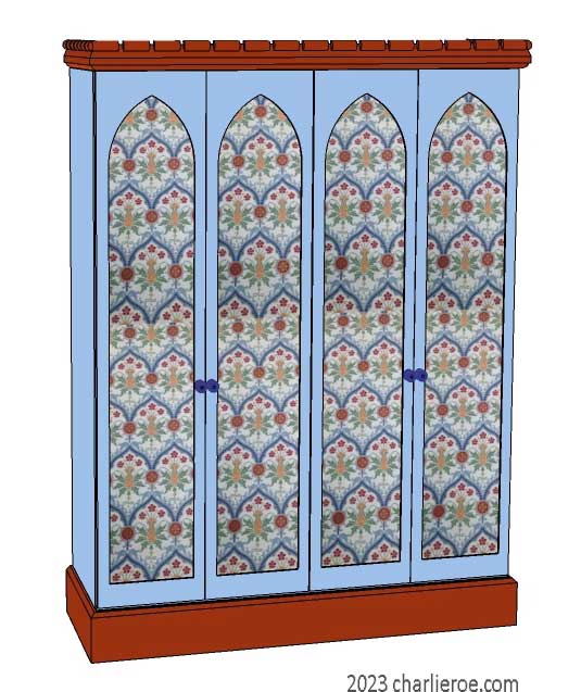 new Gothic Gotik Gothique style painted tall cupboard or bookcase or wardrobes with lancet arch door panels with decorative Gothic patterns