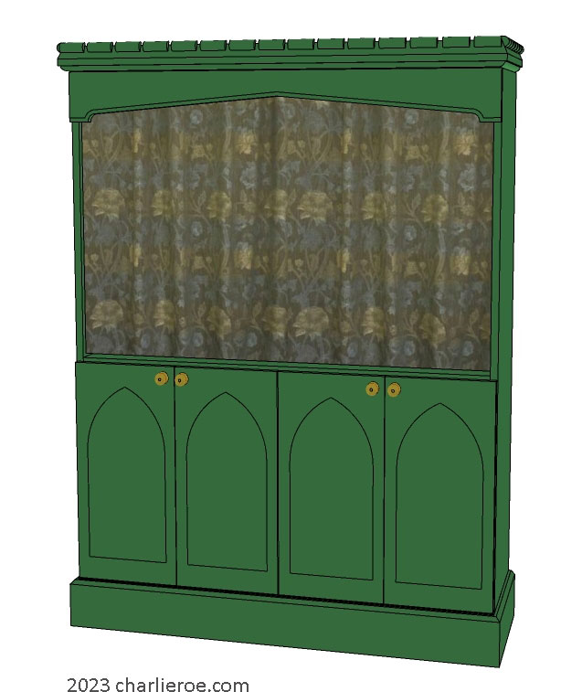 new Gothic Gotik Gothique style painted bookcase dresser with lancet arch door panels with decorative Gothic patterns