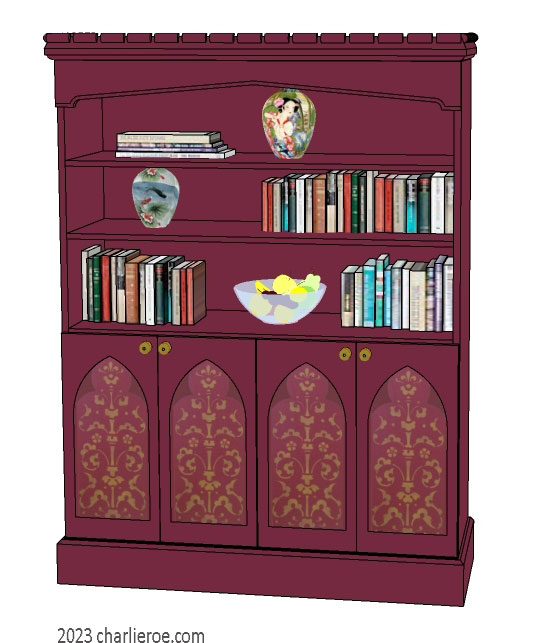new Gothic Gotik Gothique style painted bookcase dresser with lancet arch door panels with decorative Gothic patterns