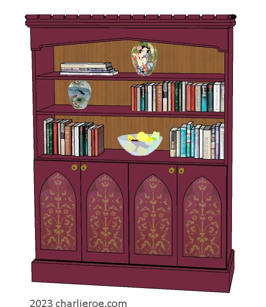 new Gothic Gotik Gothique style painted bookcase dresser with lancet arch door panels with decorative Gothic patterns