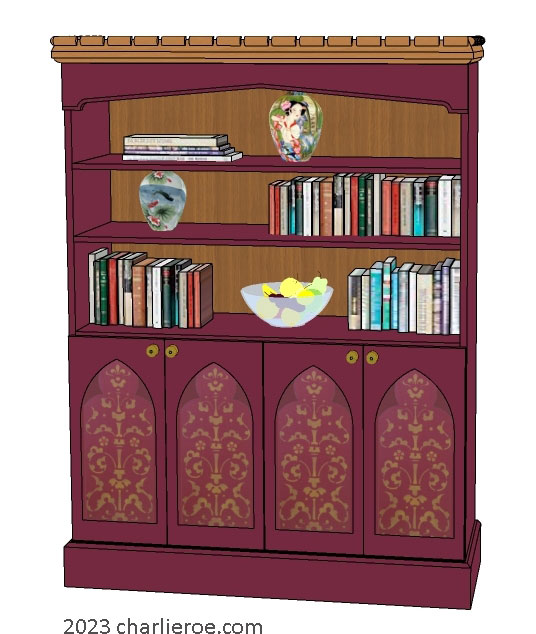 new Gothic Gotik Gothique style painted bookcase dresser with lancet arch door panels with decorative Gothic patterns