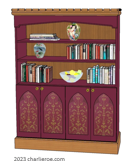 new Gothic Gotik Gothique style painted bookcase dresser with lancet arch door panels with decorative Gothic patterns
