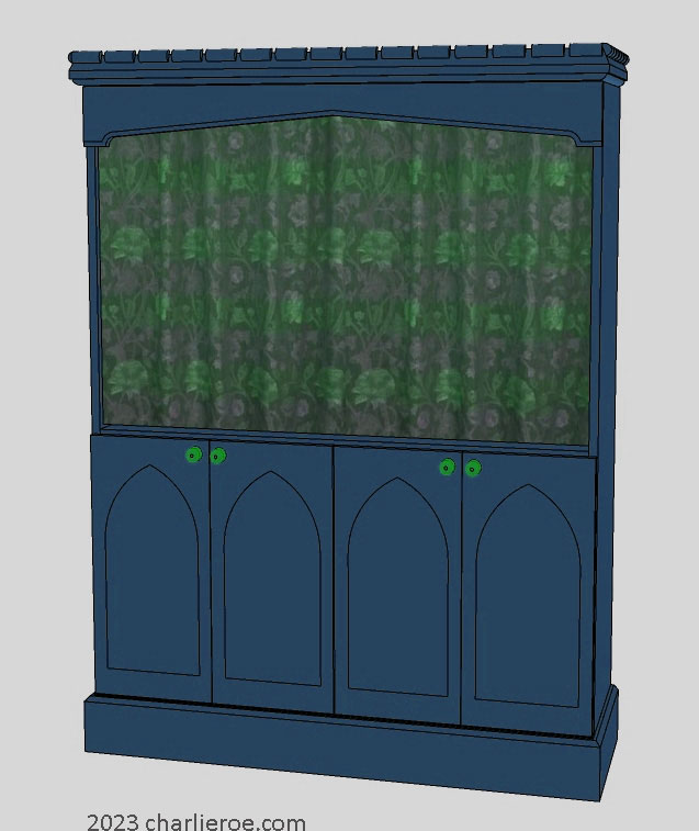 new Gothic Gotik Gothique style painted bookcase dresser with lancet arch door panels with decorative Gothic patterns